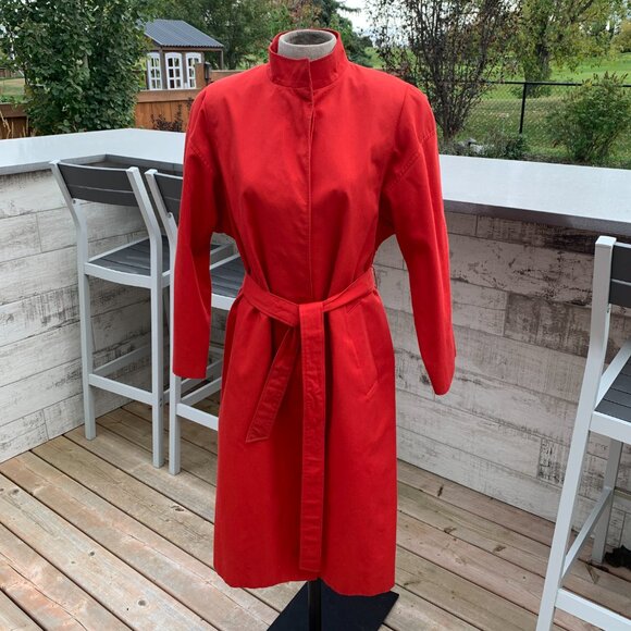 Vintage 90s Aquascutum London Aqua 5 Red Long Belted Trench Coat Overcoat - Picture 2 of 16